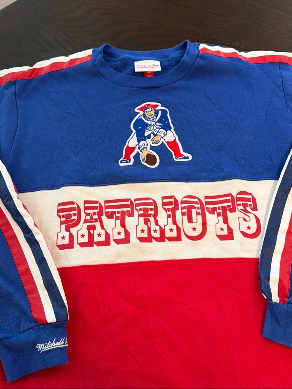 Mitchell & Ness Blue, Red & White Patriots Crewneck Sweater